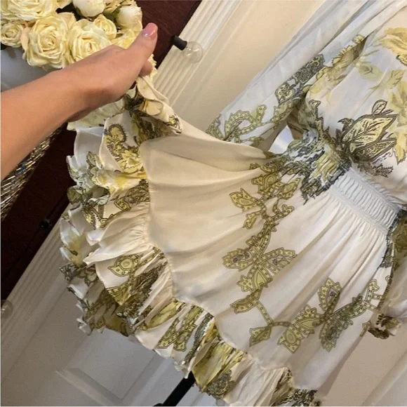 Roberto Cavalli White and Green Off-Shoulder silk Dress,
